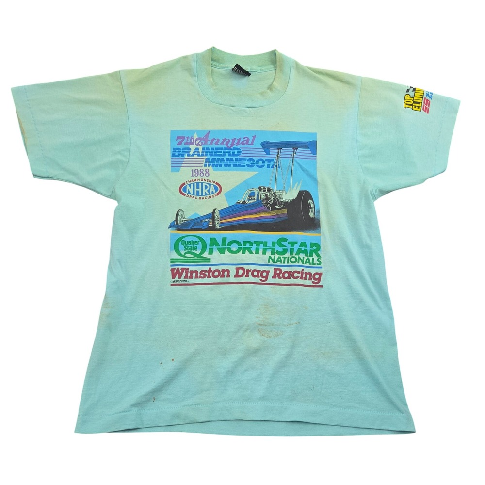 Vintage NHRA Winston Drag Racing Tshirt L Teal Green Drag Racing Brainerd MN 80s